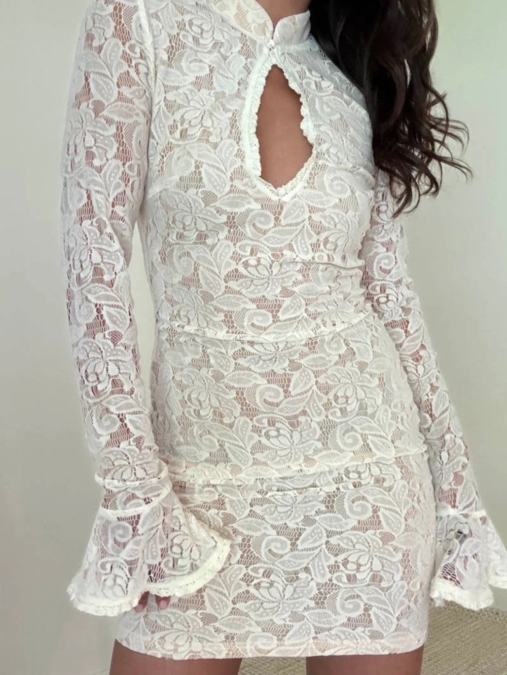 Long-Sleeve Cream Lace Mini Dress with Keyhole Neck